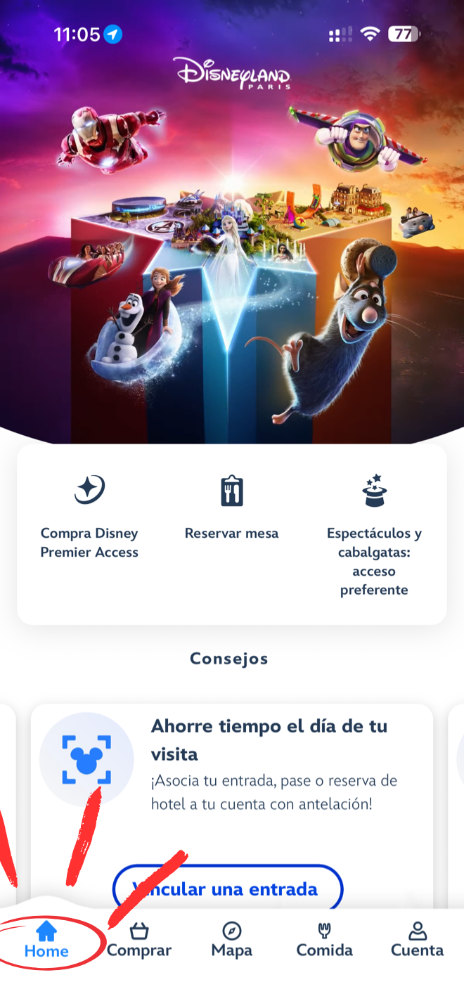 Pantalla de inicio de la aplicación oficial de Disneyland Paris con el botón Home marcado
