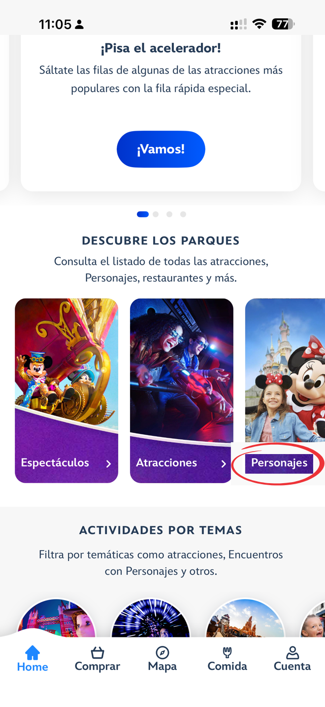 Sección Descubre los parques de la app de Disneyland Paris con la opción Personajes destacada