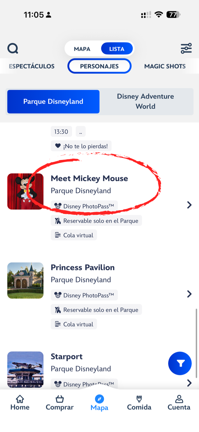 Listado de personajes en la app de Disneyland Paris con Meet Mickey Mouse marcado