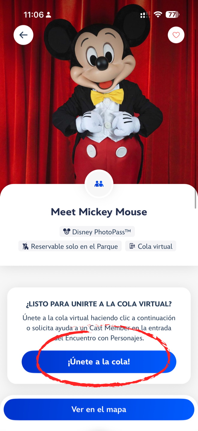 Ficha del encuentro Meet Mickey Mouse con el botón Únete a la cola virtual destacado