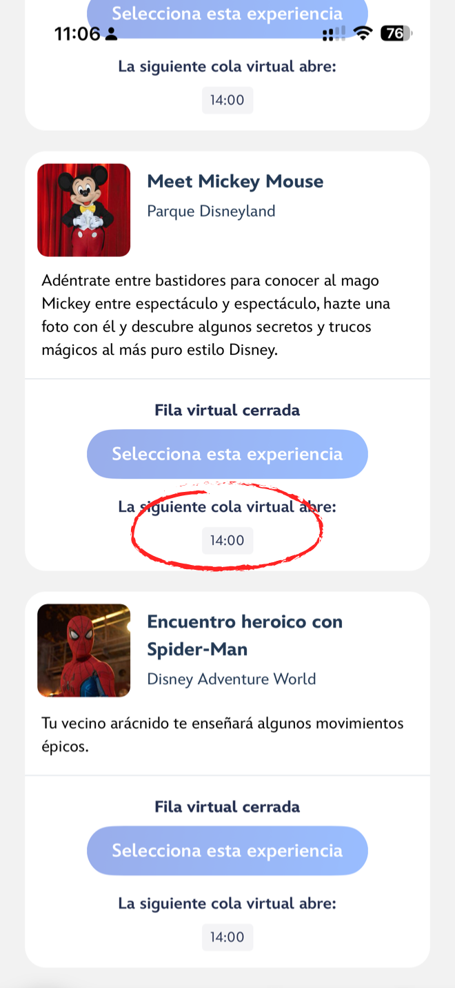 Aviso Fila virtual cerrada en la app de Disneyland Paris indicando que la siguiente cola virtual abre a las 14:00