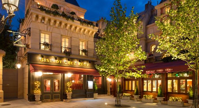 Bistrot Chez Rémy iluminado de noche en Disneyland Paris
